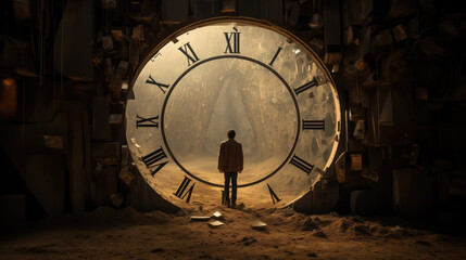 A time-bending photo of a time traveler at a temporal rift, their existence blurred as they transition through eras, the enigmatic portal and echoes of different time periods adding awe and intrigue - obrazy, fototapety, plakaty