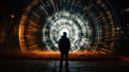 A time-bending photo of a time traveler at a temporal rift, their existence blurred as they transition through eras, the enigmatic portal and echoes of different time periods adding awe and intrigue