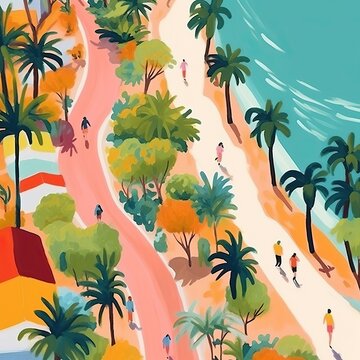 gouache modern brush line painting of beach life hanging friends colorful aerial view illustration, detailed colorful plants trees road and people, pink, orange and green colors, hand drawn