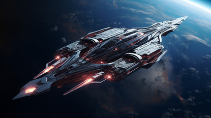 Digital art of a futuristic spacecraft speeding through the cosmos on a thrilling journey, with the...
