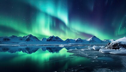 Naklejka premium View of night sky with multicolored aurora borealis and snowy mountains peak background. Night glows in vibrant aurora reflection on the lake with forest. 