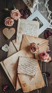 An arrangement of antique-style valentine's cards, faded love letters and old photographs spread out on a rustic wooden table. Vertical orientation. 