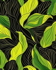 Black and Yellow Background With Green Leaves