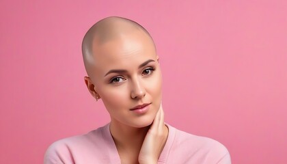 young bald woman suffering of cancer on isolated pink background with space for copy concept of world cancer day created with generative ai	