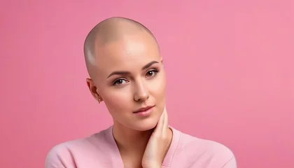 Foto op Plexiglas young bald woman suffering of cancer on isolated pink background with space for copy concept of world cancer day created with generative ai  © Chaudhry