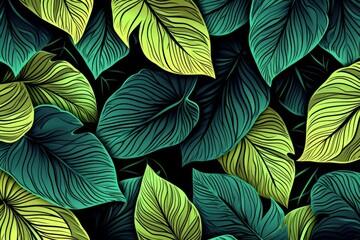 Group of Green Leaves on Black Background