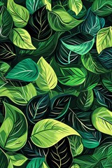 A Painting of Green Leaves on a Black Background