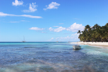 Seascape with coast near the island, beach, palm trees, boats in the Dominican Republic