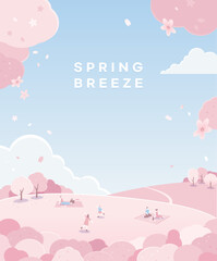 Cherry blossom landscape with picnic people