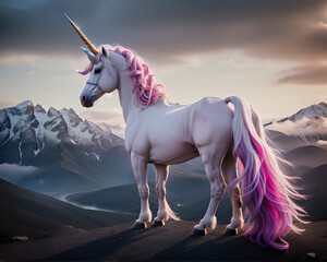 Obraz na płótnie Canvas a white unicorn with pink mane standing in front of a mountains