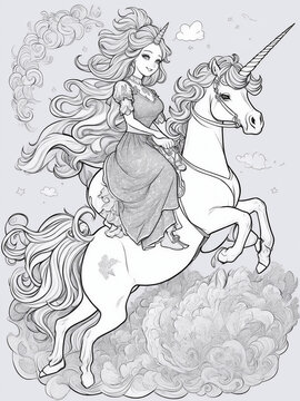 A beautiful girl is flying on the back of a unicorn Generative AI