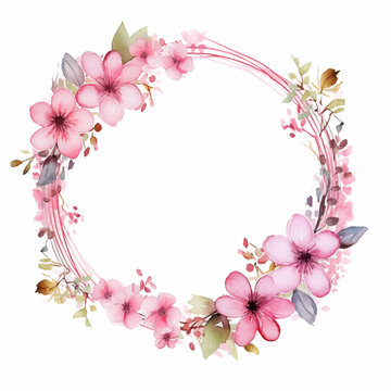 Round Wreaths, floral frames, watercolor flowers, pink roses, Illustration hand painted. Isolated on white background. Perfect for greeting card design, wedding stationery invitation