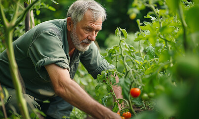 Middle aged man growing tomatoes. Working in the garden