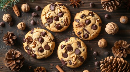Tasty Choc-Nut Cookies on Wood Table - obrazy, fototapety, plakaty