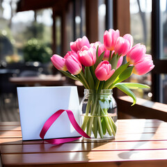 pink tulip bouquet on wooden table a gift of love