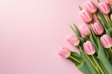 Pink tulips on light background, place for text, top view.