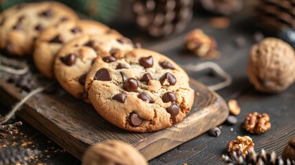 Chocolate Chip Cookies on Wooden Cutting Board