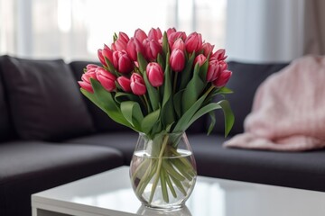 A bouquet of tulips in a vase with a ribbon on a table in a bright room.