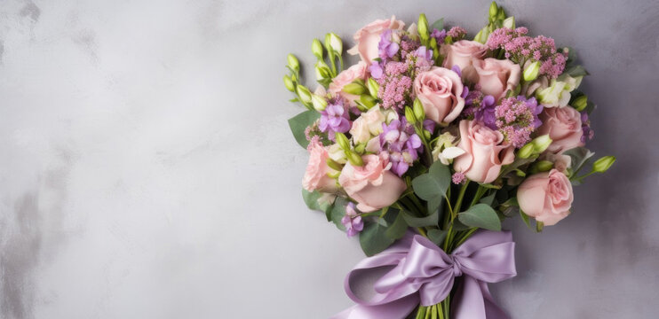 Bouquet of flowers on a light background, a place for the text. Birthday greetings, March 8, Mother's Day.