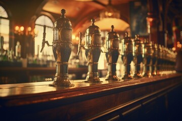 Vintagestyle craft beer taps in a pub. - obrazy, fototapety, plakaty