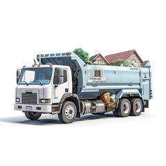 Truck collecting recyclables in a neighborhood isolated on white background, realistic, png
