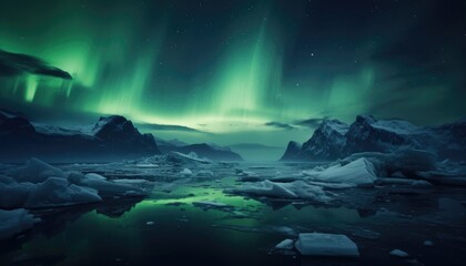 Fototapeta premium View of night sky with multicolored aurora borealis and snowy mountains peak background. Night glows in vibrant aurora reflection on the lake with forest. 