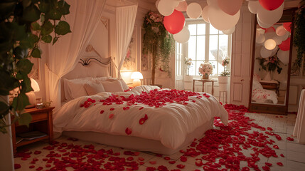 A romantic bedroom setup with white balloons, and rose petals scattered on the bed and floor.