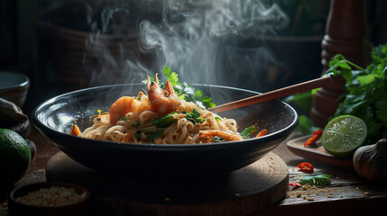 Pad thai noodles with shrimps
