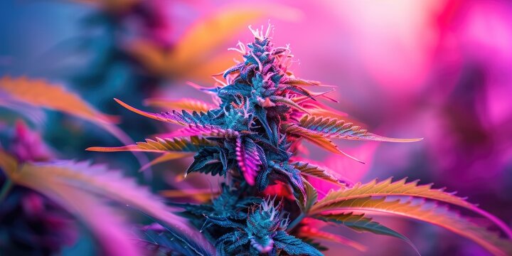 Close up shot of cannabis plant in neon lights