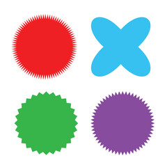 Set of vector starburst, sunburst badges. Different color. Simple flat style Vintage labels. Design elements. Colored stickers. A collection of different types and colors icon.