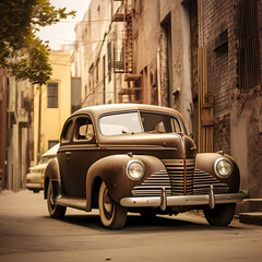 Vintage car in a sepia-toned urban alley. 