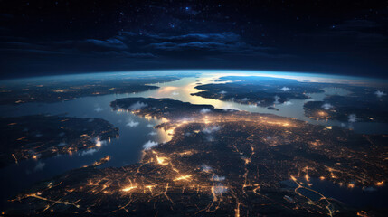 Celestial beauty in a panoramic Earth view from space,  where city lights twinkle amid the ever-evolving patterns of light clouds,  creating a captivating tableau of changing seasons