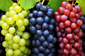 Red and blue grapes with green leaves on wooden background. Top view.