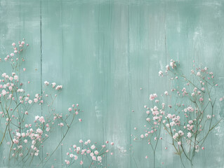 Shabby chic background for website, light teal, wood pattern, little flowers gypsophila