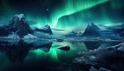 Naklejka premium View of night sky with multicolored aurora borealis and snowy mountains peak background. Night glows in vibrant aurora reflection on the lake with forest. 