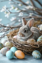 A bunny rabbit sits in a nest with Easter eggs.