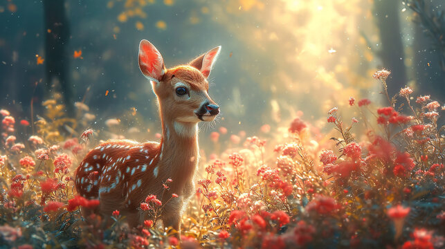 printed illustration of cute deer in the field