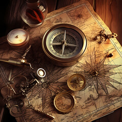 Vintage map with compass and navigation tools.