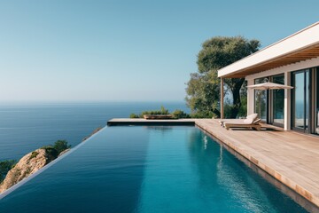 Mediterranean one-story house with swimming pool and view at blue sea. - obrazy, fototapety, plakaty