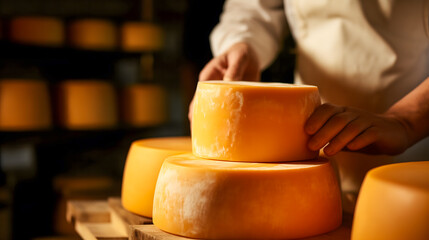 Un fromager en train de contrôler la qualité d'affinage du fromage. En arrière plan, des étagères en bois avec des meules. - obrazy, fototapety, plakaty