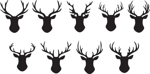 Set of deer heads with horns, black and white heads of forest animals, decoration of room, home, wall vector illustration