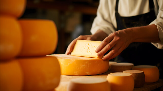 Un fromager en train d'examiner la qualit&eacute; d'une meule de fromage.