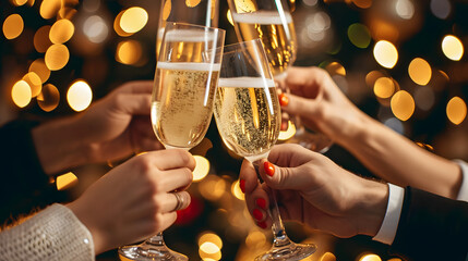 Happy friends having fun and toasting sparkling wine glasses close-up against golden bokeh lights background. Christmas celebration - obrazy, fototapety, plakaty