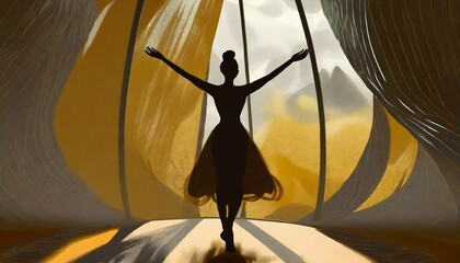 Woman silhouette in front of a large window with curtains. Girl dancing ballet
