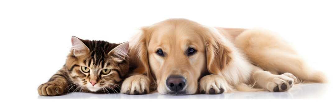 Golden dog and cat lying side by side