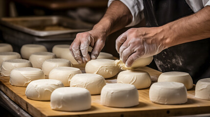 Obraz na płótnie Canvas Un fromager en train de fabriquer des fromages ronds. 