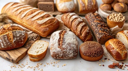 Fototapeta premium Gluten-free bread and pastries assortment on a white surface, catering to healthy lifestyle choices