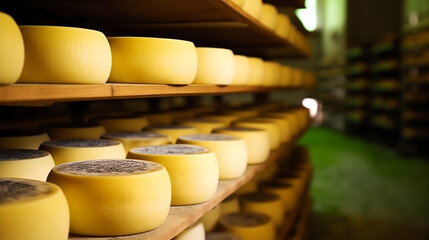 Gros plan sur des meules de fromage dans une cave d'affinage avec des étagères en bois.