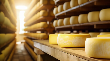 Des meules de fromage sur une étagère en bois. - obrazy, fototapety, plakaty