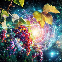 Grapes on the background of the night sky. Collage